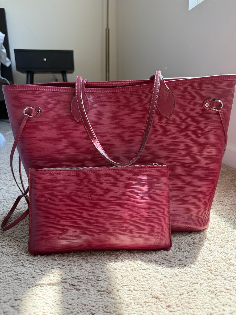 Louis Vuitton Red Epi Leather Neverfull Tote with pouchette